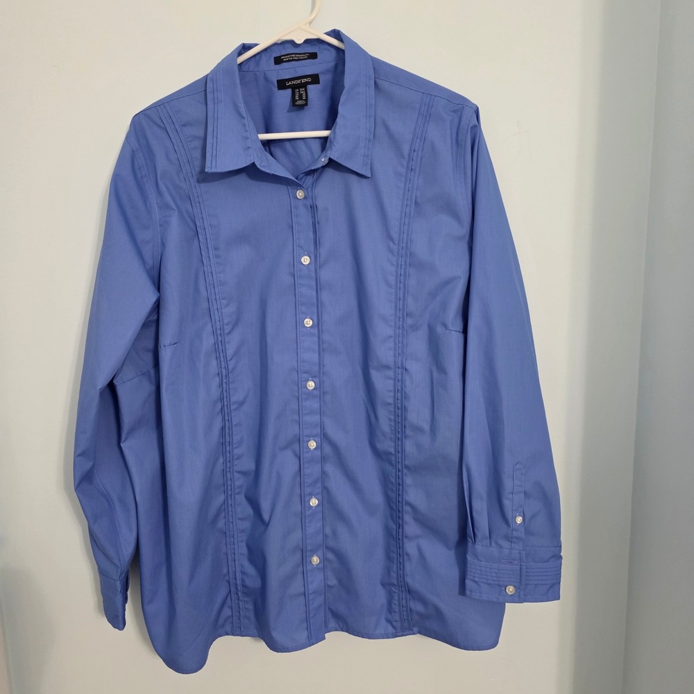 Lands End Blue Wrinkle Free Broadcloth Pintuck Button Down Shirt Womens 24W